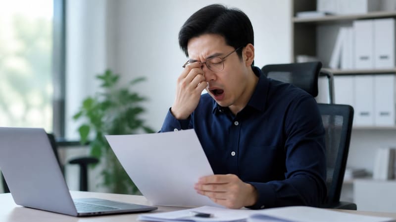 출근 후 회의 중 졸음과 씨름하는 모습은 수면장애가 업무에 미치는 영향을 보여줍니다.