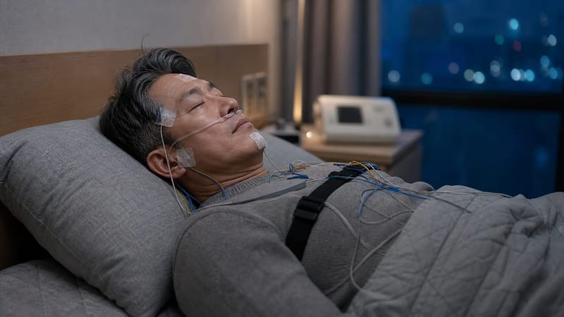 수면다원검사는 하룻밤 동안 뇌파와 호흡, 산소포화도 등을 함께 기록합니다.