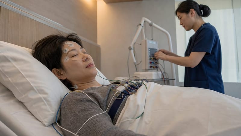 수면다원검사는 하룻밤 동안 뇌파와 호흡, 산소포화도를 함께 기록하는 검사입니다
