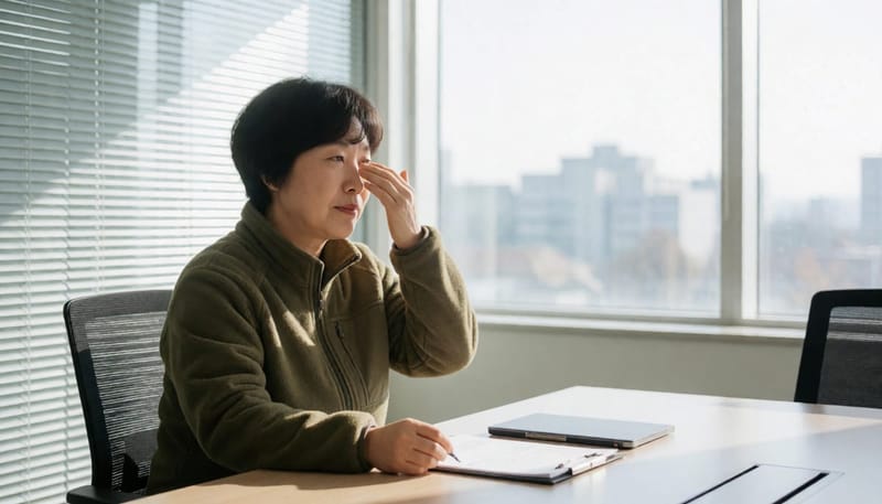 회의 중 졸음을 참기 힘들어하는 모습은 수면무호흡증으로 인한 주간 졸림의 대표적인 장면입니다.