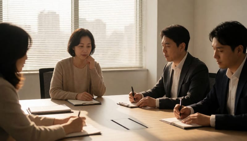 회의 중 졸음을 참으며 하품하는 직장인의 모습