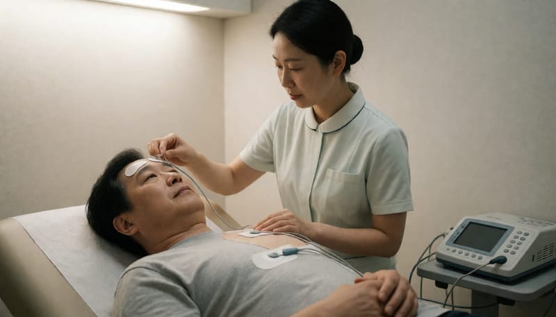 수면다원검사를 위해 센서를 부착받는 중년 남성 환자