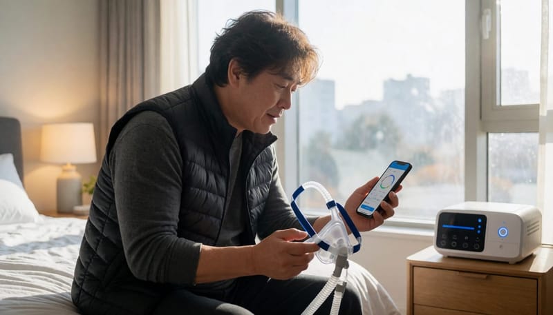 양압기 사용 기록은 기기나 앱을 통해 자동으로 확인할 수 있습니다.