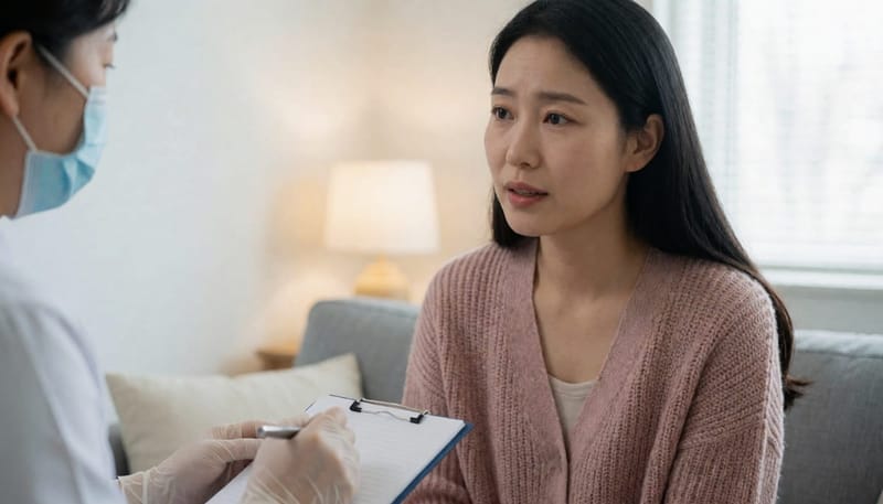 전문가와 상담하며 어려움을 털어놓는 여성