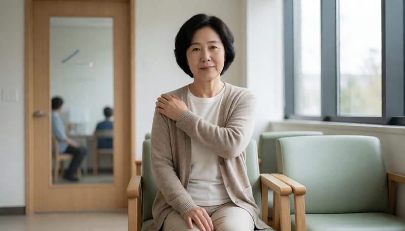 어깨 통증이 지속되어 병원을 찾은 여성