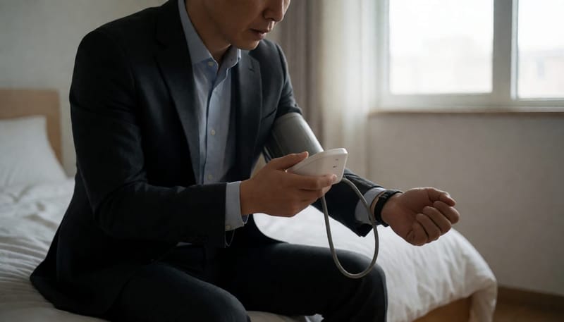 출근 전 침대에 걸터앉아 손목 혈압계를 확인하는 남성
