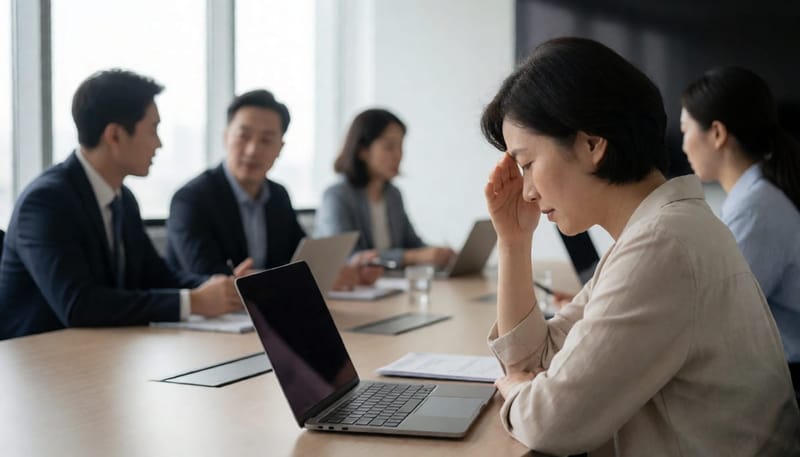 회의 중 피로한 표정으로 이마를 짚고 있는 여성 직장인