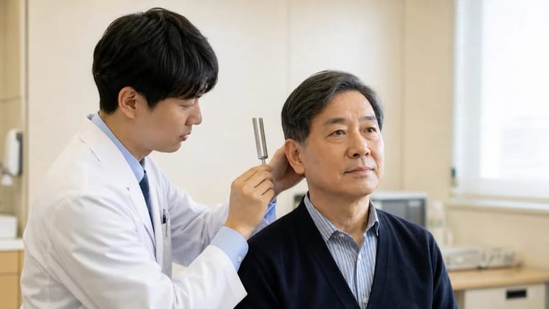 청력과 관련된 다양한 진료 장면 중 하나를 보여줍니다.