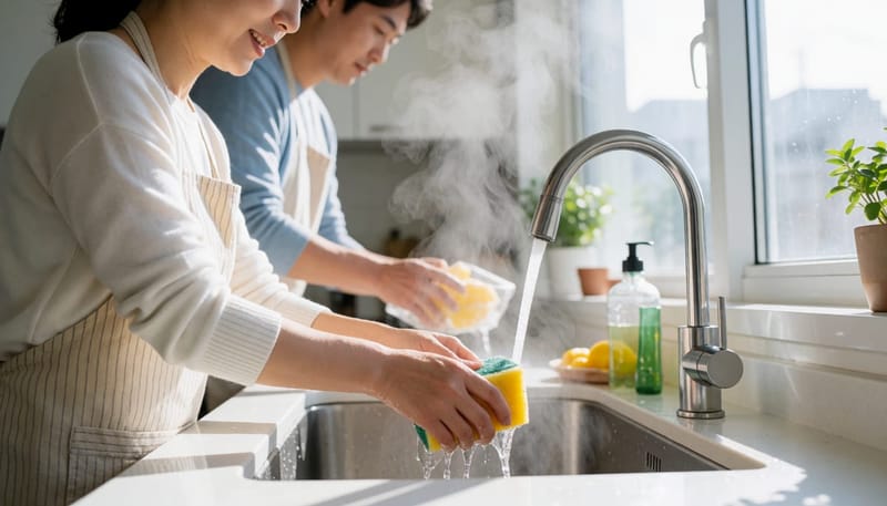 설거지 중 물에 젖은 손의 거친 피부가 드러난 모습