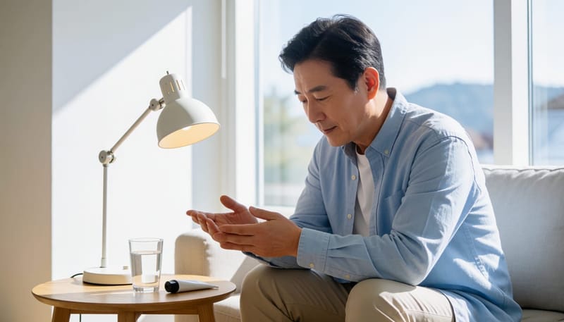 집에서 자신의 손 상태를 자세히 살펴보는 모습