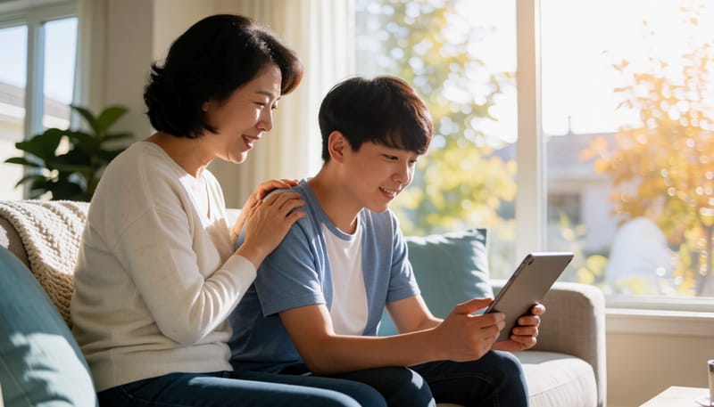 거실 소파에서 엄마와 아들이 함께 태블릿을 보며 대화하는 모습
