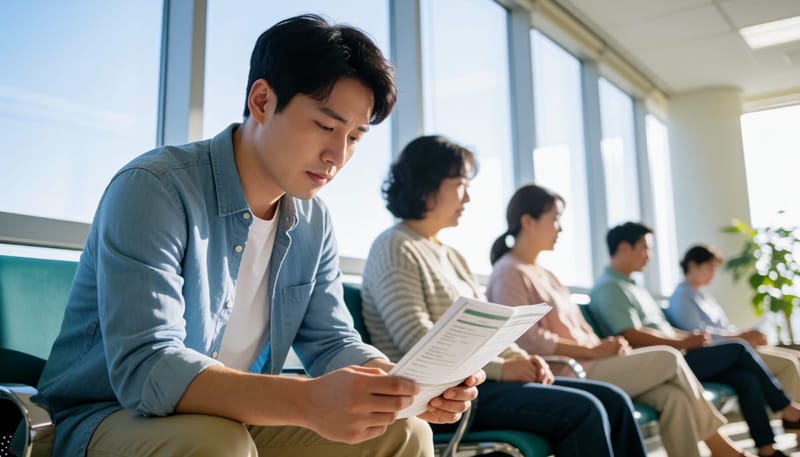 병원 대기실에서 걱정스러운 표정으로 앉아있는 젊은 남성
