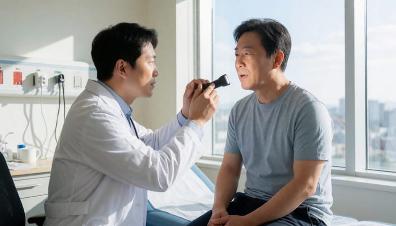 의사가 환자의 목 부위를 손전등으로 진찰하는 모습