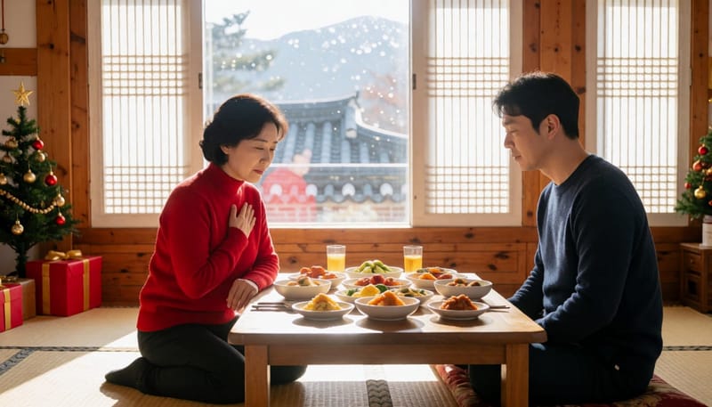 명절 음식이 차려진 방에서 가슴을 손으로 누르며 답답해하는 여성