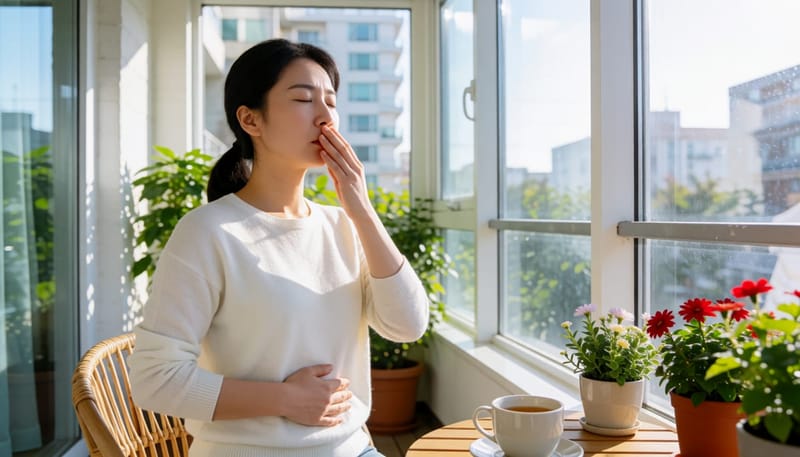 명절 아침 발코니에서 심호흡하며 마음을 가라앉히는 여성