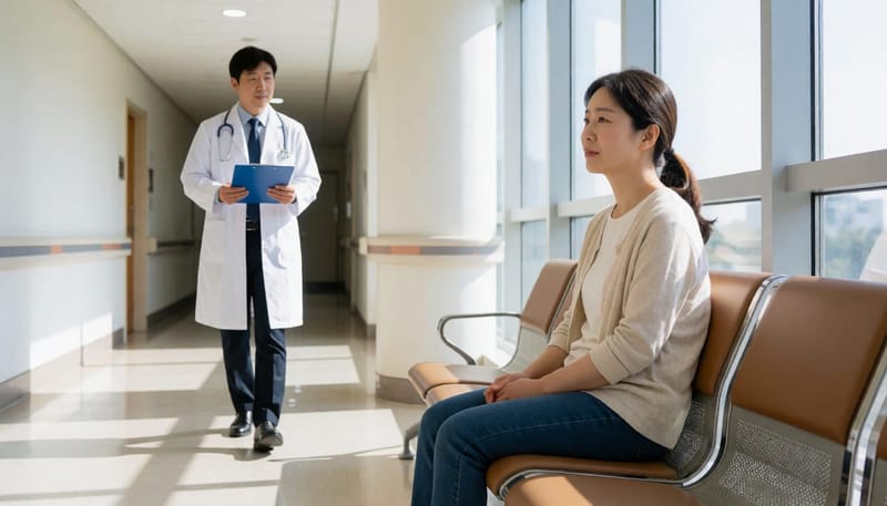 병원 대기실 의자에 앉아 진료를 기다리는 여성과 다가오는 의사