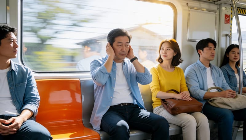 지하철 소음에 귀를 막고 힘들어하는 남성