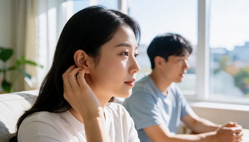 소리에 예민해진 여성이 귀를 만지는 클로즈업