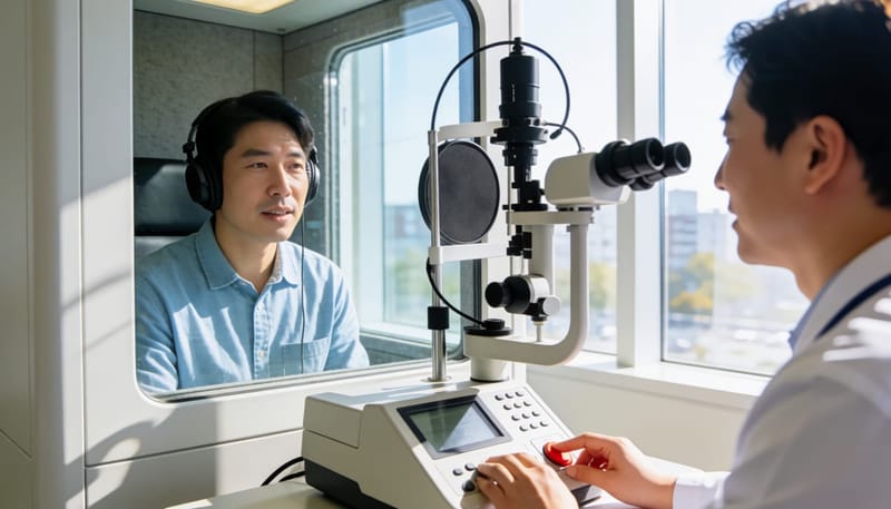 방음부스에서 청력검사를 받는 환자