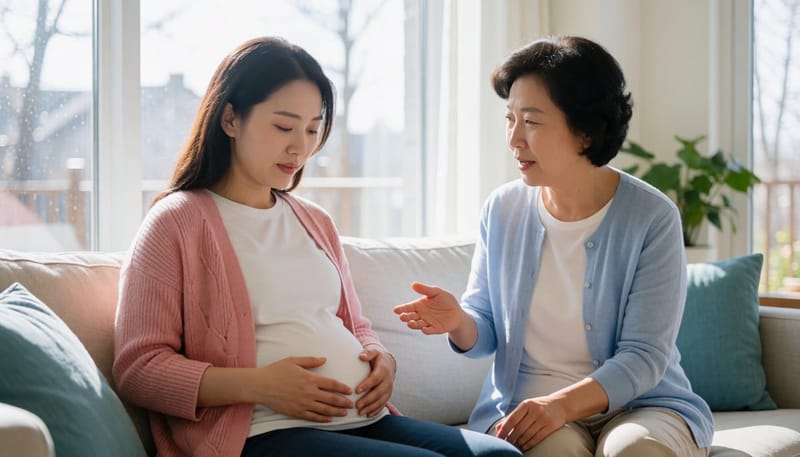 시누이가 걱정스럽게 말을 건네는 모습을 보여주는 거실 장면