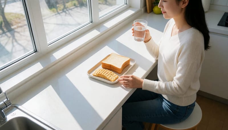 물과 크래커를 순서대로 조금씩 시도하는 아침 식이 장면