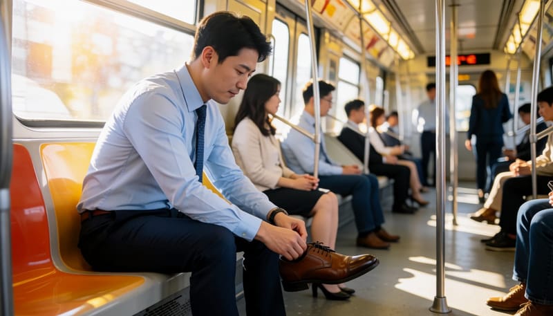 퇴근길 지하철에서 젖은 구두를 벗는 직장인 남성