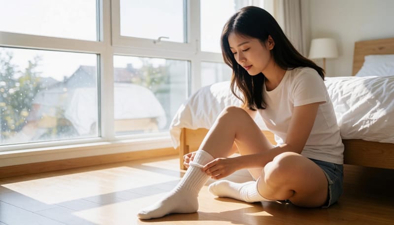 바닥에 남은 젖은 발자국과 양말을 벗는 여성