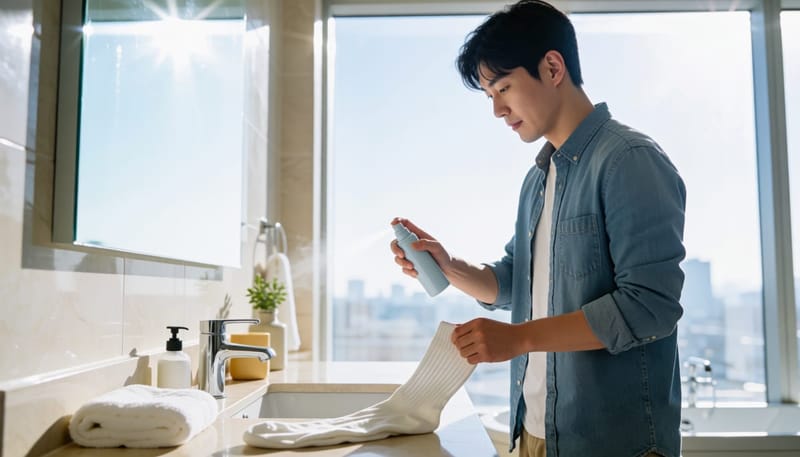 아침 루틴으로 발에 땀 억제제를 뿌리는 남성