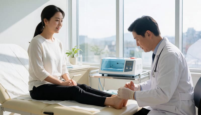 피부과에서 발 다한증 치료를 상담받는 환자와 의사