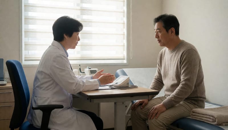 진료실에서 의사가 환자에게 혈압 수치를 보며 설명하는 모습