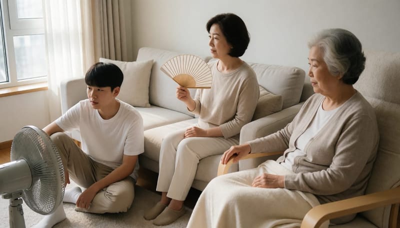 삼대가 함께 있는 거실에서 각기 다른 나이대가 더위를 느끼는 모습