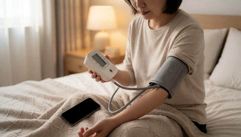 혈압계로 수치를 확인하며 상태를 점검하는 여성