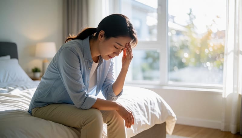 이른 아침 침대에 앉아 식은땀과 손떨림, 어지러움을 느끼는 여성