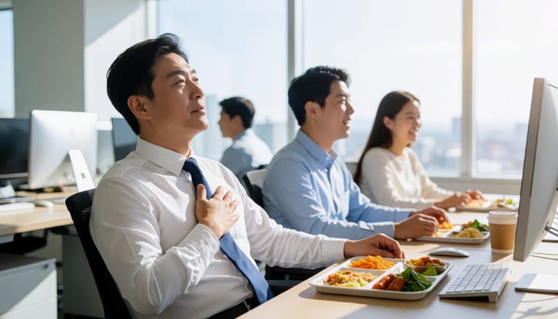업무 중 갑자기 어지럼증을 느끼며 잠시 멈춘 직장인
