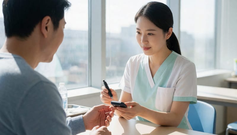 혈당 검사를 준비하는 간호사와 손가락을 내민 환자
