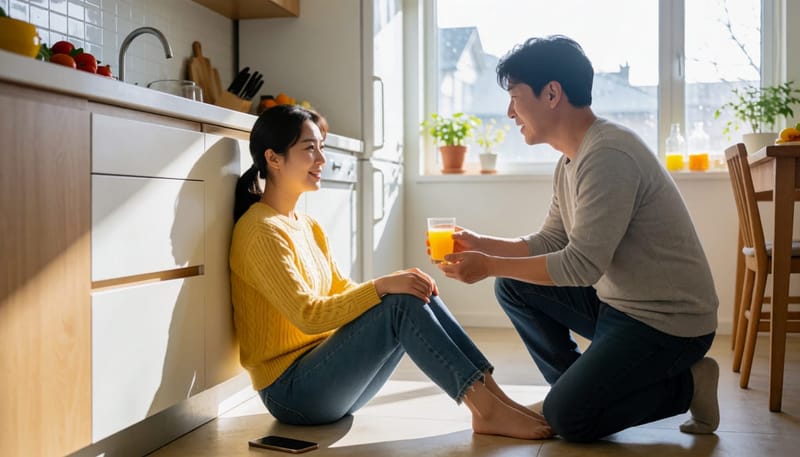 증상이 나타난 직후 주스를 건네며 도와주는 가족의 모습
