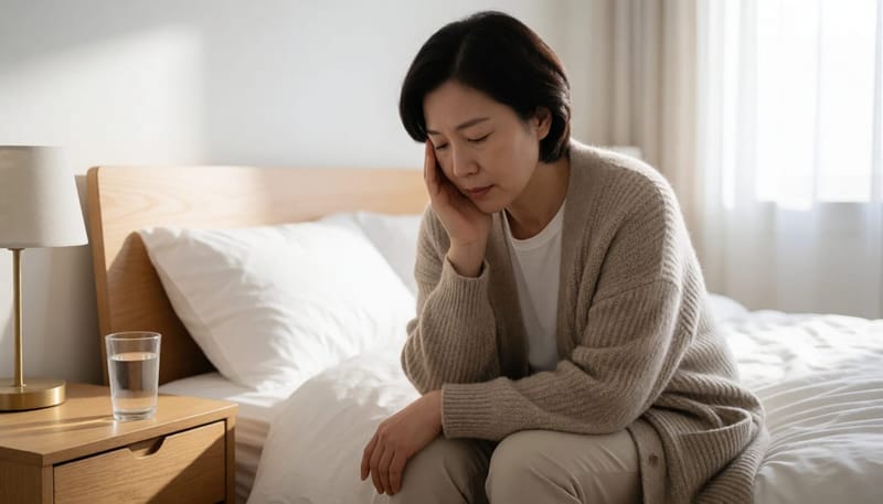 체중 증가와 무기력함을 동시에 겪는 여성의 아침 모습