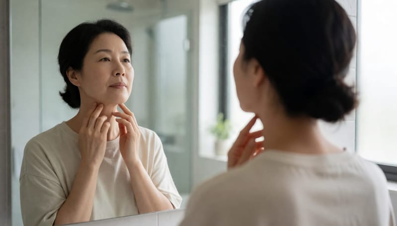 갑상선 부위를 손으로 짚어보며 확인하는 여성