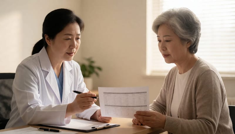 의사와 환자가 검사 결과를 두고 상담하는 모습