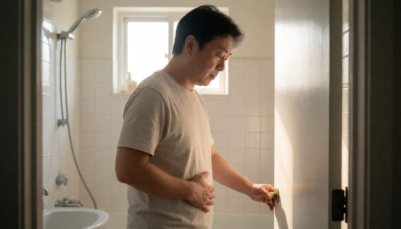 복부 통증으로 인상을 찌푸리는 남성의 옆모습