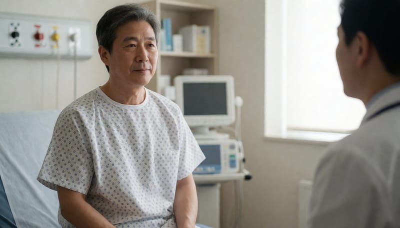 병원 진료실에서 의사의 설명을 듣는 환자