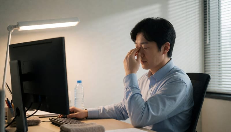 사무실에서 모니터를 보다 눈을 감고 관자놀이를 누르는 남성