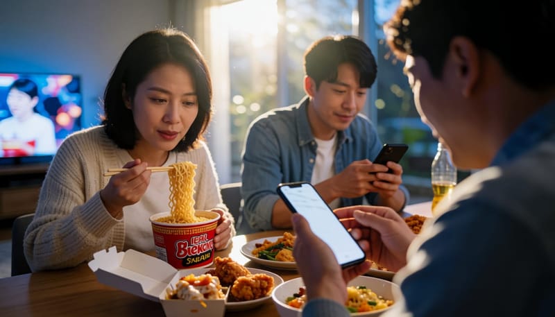 늦은 밤 배달 음식을 먹으며 폰을 보는 여성