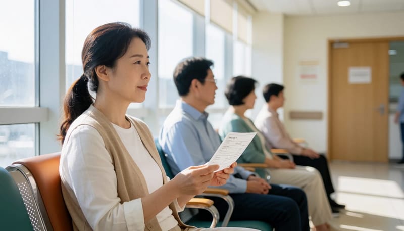 병원 대기실에서 진료 순서를 기다리는 여성