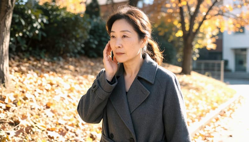 건조한 가을 바람 속에서 턱 통증을 느끼며 걷는 중년 여성