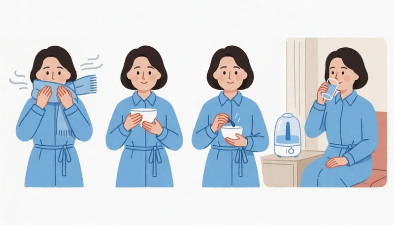 환절기 임플란트 관리 단계를 순서대로 보여주는 네 칸 그림
