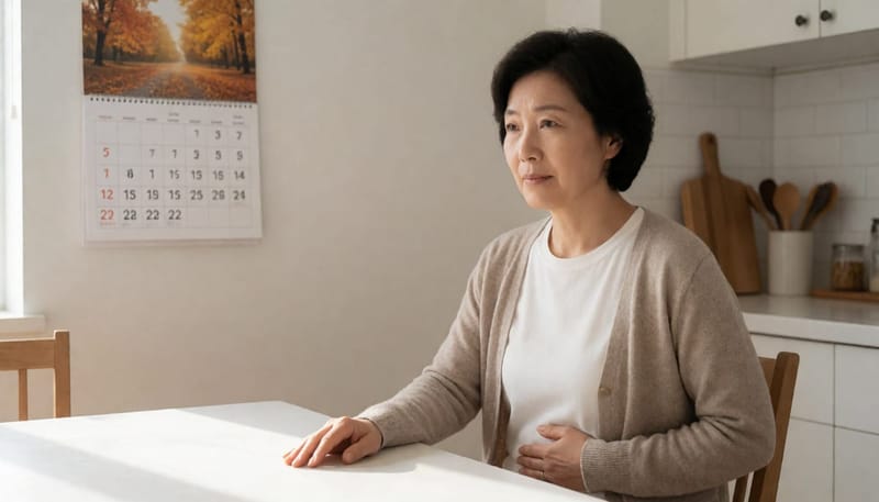 가벼운 증상인지 진료가 필요한지 고민하며 아랫배를 짚어보는 여성