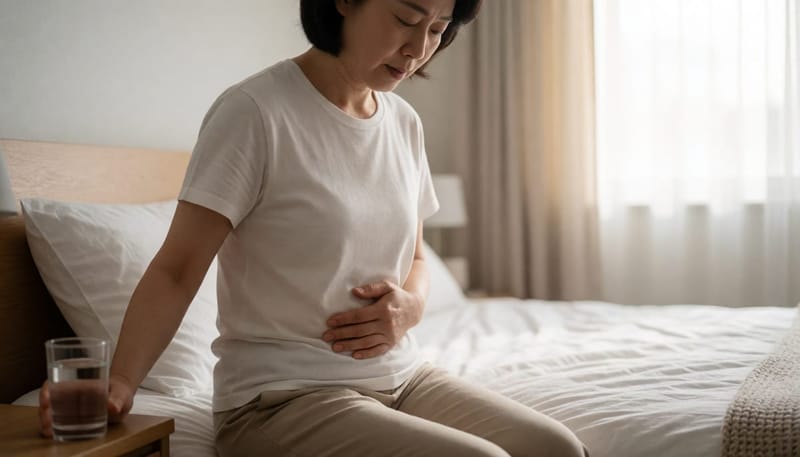체기를 느끼며 배를 만지는 여성