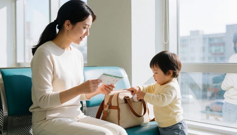 영유아 검진 일정을 확인하며 헷갈려하는 엄마와 아이