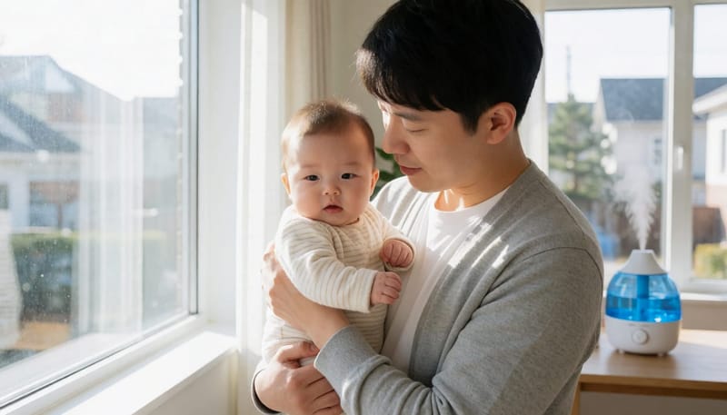 건조한 실내에서 아기를 안고 있는 아빠와 가습기